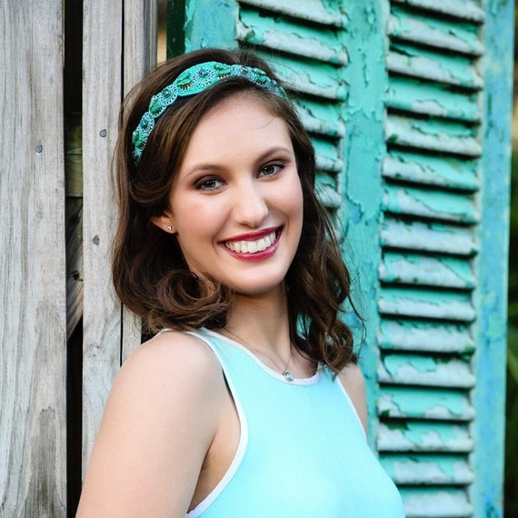 Turquoise Beaded Headband - Adjustable Headband - High 