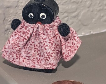 Folk Art tiny trinket shelf doll figurine girl pink black