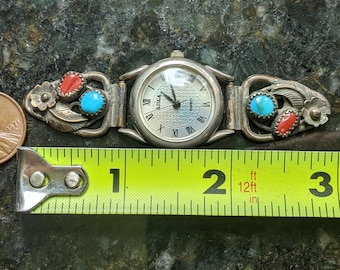RB Sterling turquoise coral watch floral Adla quartz works no band