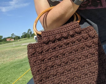 Crochet  Purse Chocolate Brown Bamboo Handles inside pockets