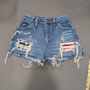 Vintage Wrangler Denim Shorts: tag size 27 waist measure 24 inches High Waisted Flag Patch, Restyled