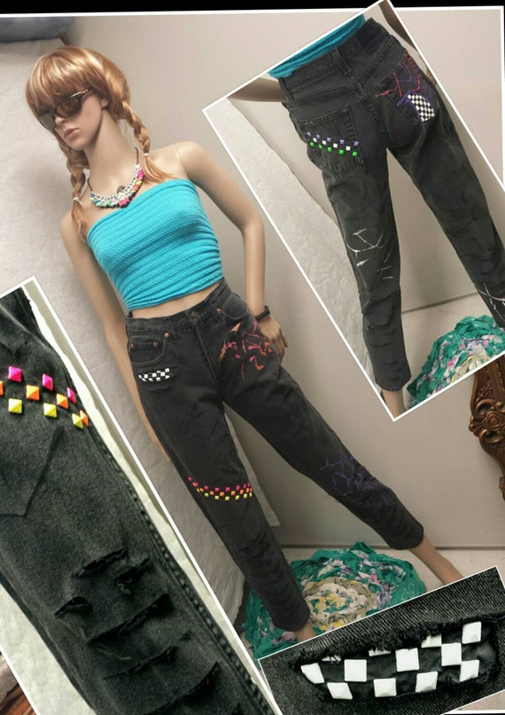 black ripped checkered jeans