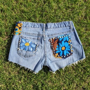 Hand-Painted Studded Spiked & Patched Daisy Shorts size 5 / 6 Blue Yellow Unique