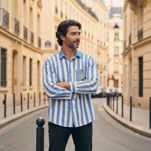 P.S. Gitano 1980s blue white stripe cotton shirt large up to 44 chest snaps