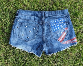 Hand-Painted Artsy Flag Shorts size 4 or 27 waist Women's Studded Bleached