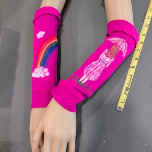 Magenta pink arm warmers Girl In the Rain rainbow hand painted small women girls teens