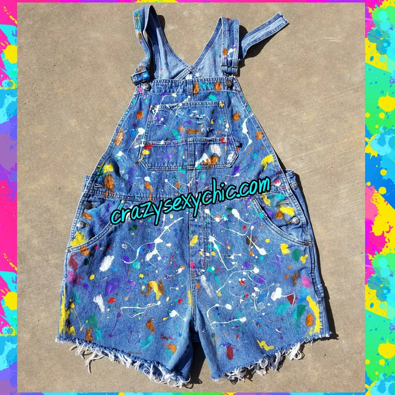 Splatter Smear Paint Vintage Cherokee Overalls Shorts Large Blue Denim