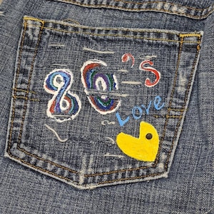 80&#39;s Inspired Jeans Size 8 Long super-distressed ripped hand-painted Retro Funky Vintage Video Games