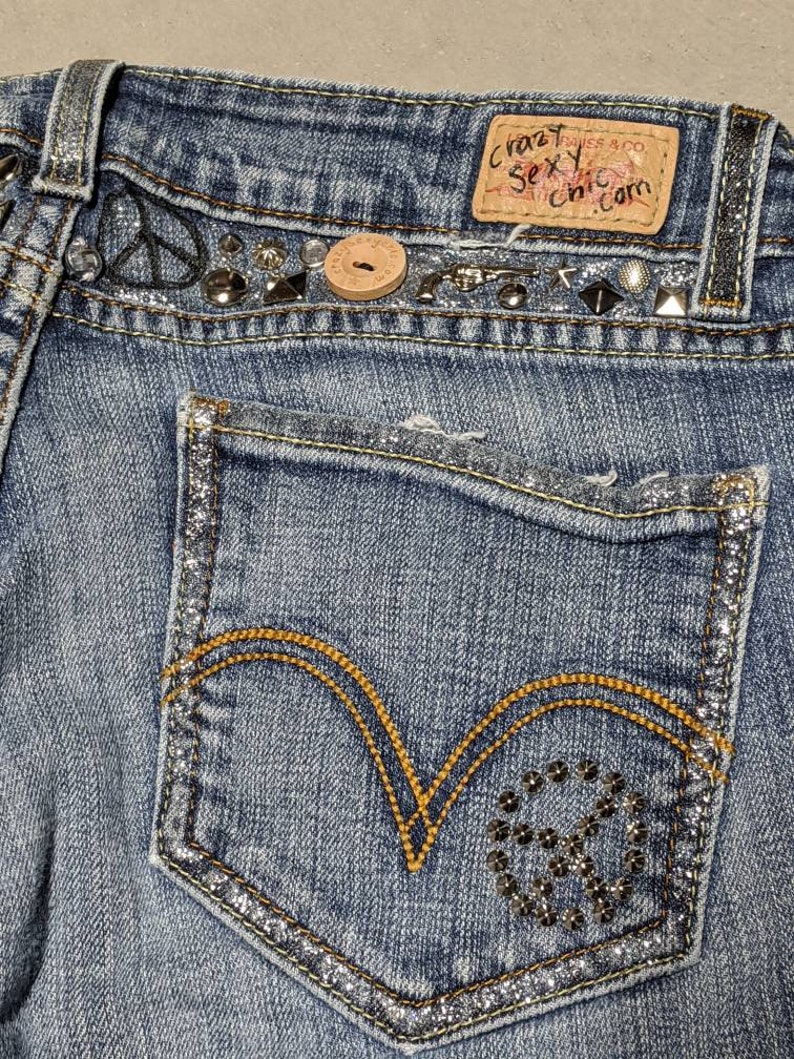 Size 5 Studded Peace Bling Jeans Distressed restyled Levis | Etsy