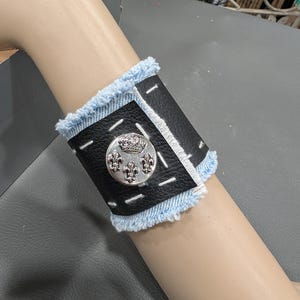 Cuff Bracelet Handmade Faux Black Leather Vinyl and Denim silver Fleur de lis button