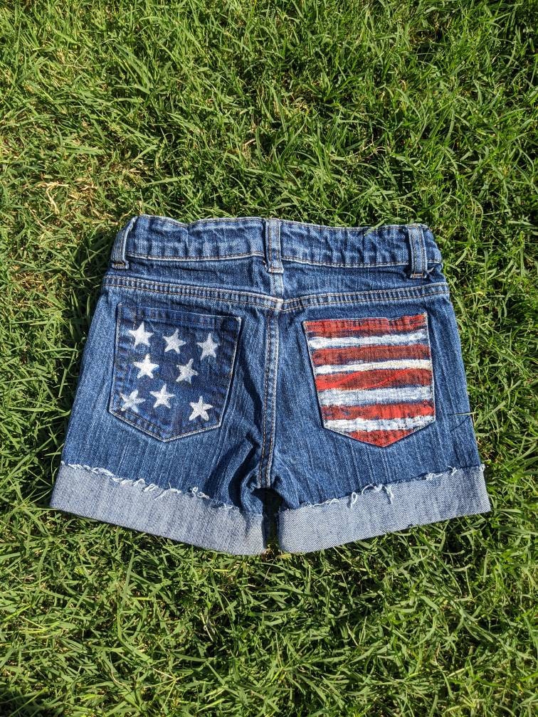 Stars and Stripes Pockets painted Girls Jean shorts size 8 | Etsy