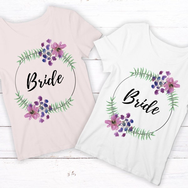 Bride Iron on Transfer with Flowers for bridal party matching T-shirts to wear on hen do, bachelorette party too, bridal shower shirt