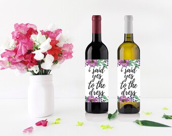 Say Yes to the Dress Wine Bottle Label Purple Floral - digital download - wedding dress shopping - bridal party - she said yes - wine label