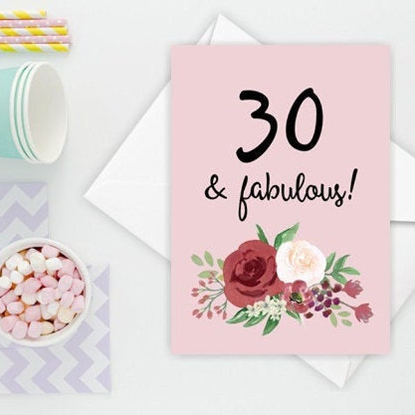 Digital 30th Birthday Card with Red and Pink Flowers, Born in 1993, Card for thirty Year Old daughter, sister, mum, granddaughter or friend