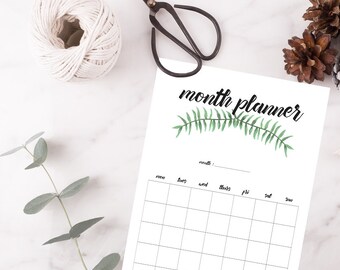 Digital Monthly Planner Printable in Green Botanical, ideal as a planner insert, desk organiser, wall calendar or to use on iPad or phone