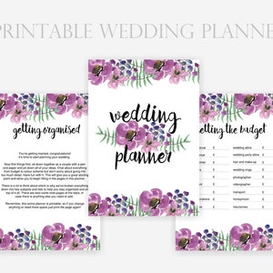 Digital Wedding Planner decorated with purple flowers to help a busy bride plan her ceremony, reception, dress, cake, music and decorations.