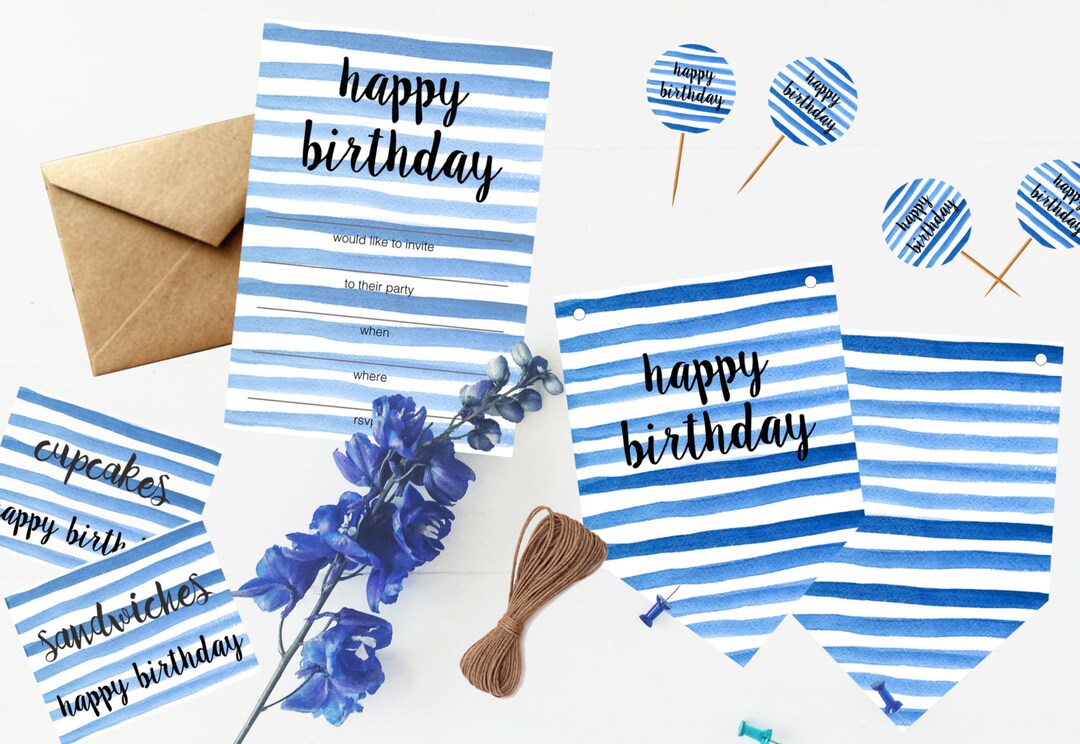 Printable Happy Birthday Party Pack in Blue Stripe Digital Set of ...