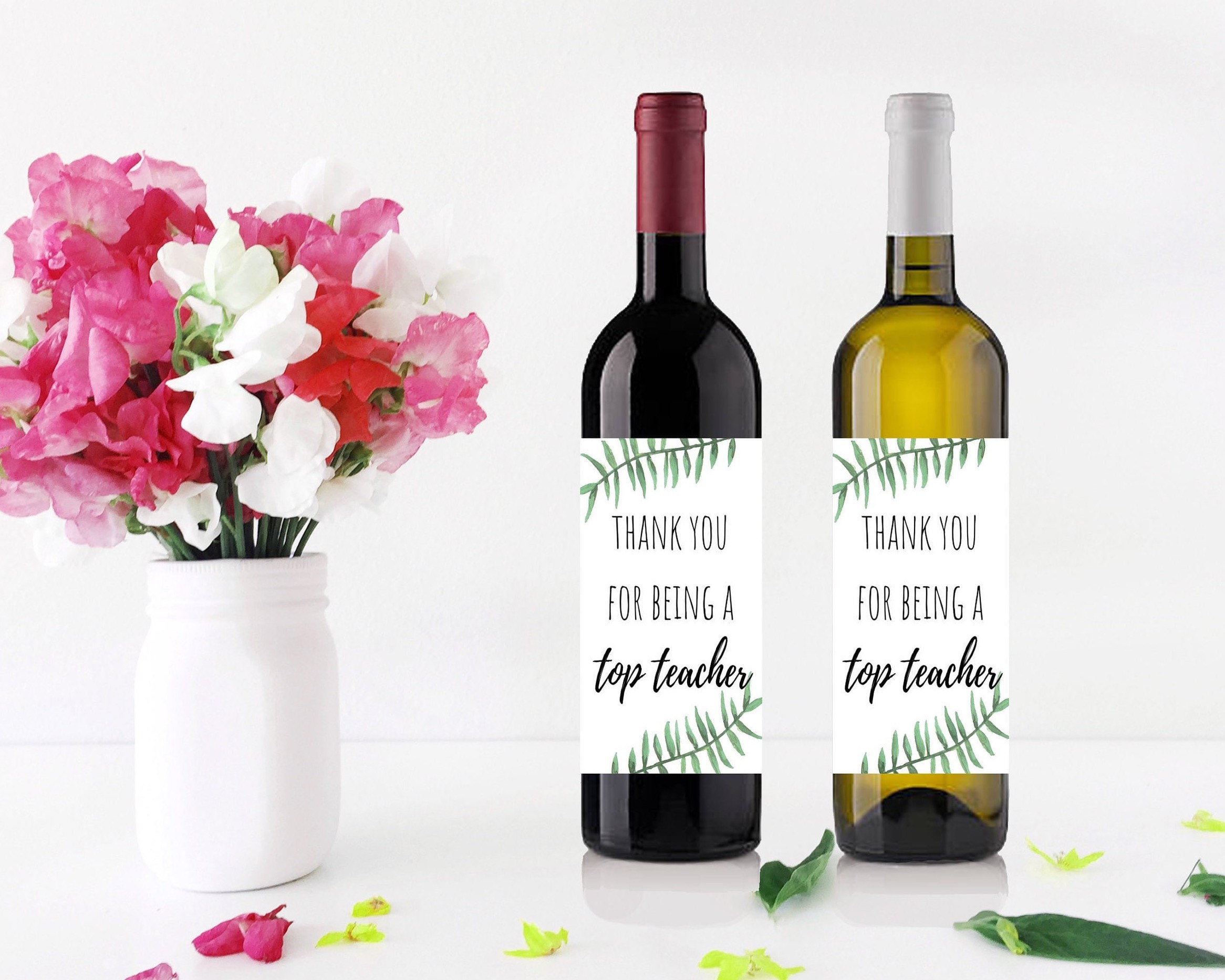 Thank You Teacher Wine Bottle Label Printable in Green Botanical Gift ...