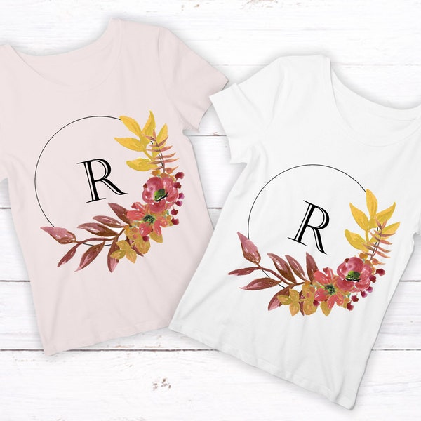 Letter R Iron on Transfer in Autumnal Hoop. Perfect for making bridal party t-shirts for a hen do or bachelorette party.