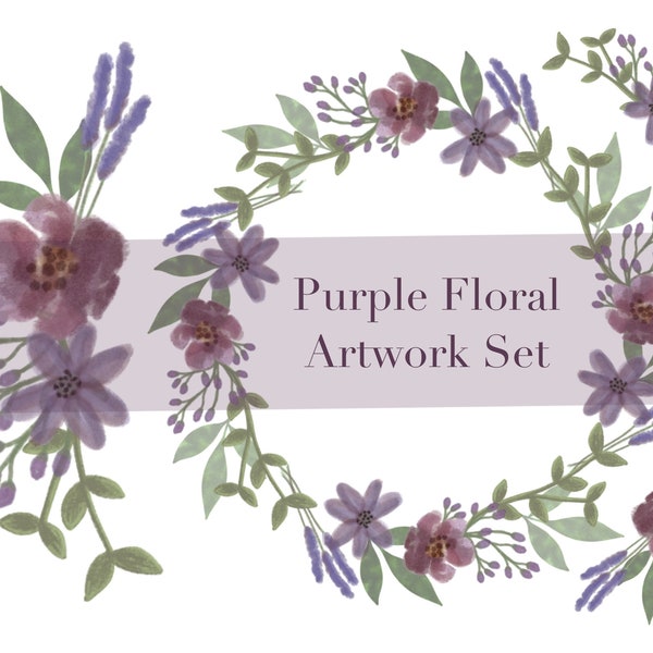 PNG Flowers Artwork Set, purple floral clip art set for designer, flower elements for crafters & creatives ideal for SVGs digital download