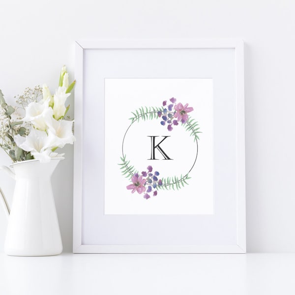 Letter K Print in Purple Hoop - Digital Download - Alphabet Print - Initial Print - Floral Print - Letter Print - Name Print for Nursery