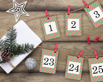 Digital Christmas Advent Calendar Tags for 25 days countdown to Christmas in candy cane stripes, perfect for making a DIY Advent at home