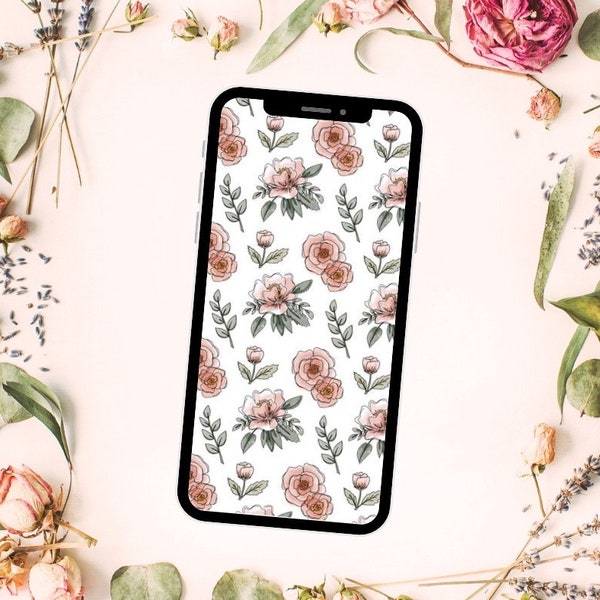 Digital Peony Rose Phone Wallpaper, background for mobile device with floral pattern in blush pinks and pastel greens for iPhone or Android