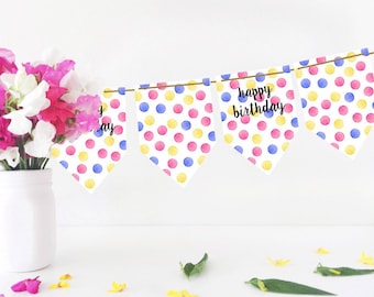 Digital Happy Birthday Party Bunting with Polka Dots for child or adult, gender neutral decoration sign garland, spotty rainbow decor banner