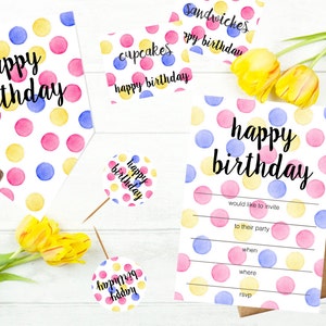 Birthday Party Pack Printable with Polka Dots -  Digital Download - Birthday Bunting - Birthday Invitation - Cake Topper - Virtual Party