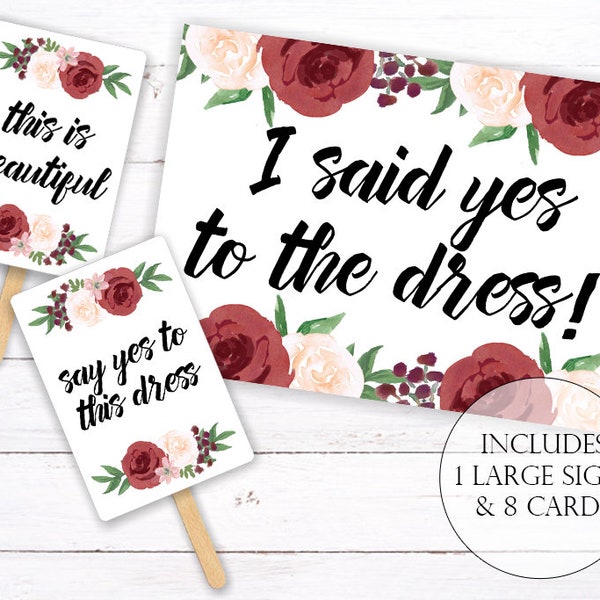 Say Yes to the Dress Signs Printable Set with red & white roses for wedding dress shopping with your bridal party and you find the one!