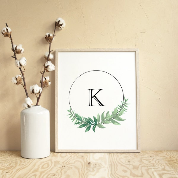 Letter K Print in Greenery Hoop, Alphabet Print, Initial Print, Digital Download, Floral Print, Letter Print, Bridesmaid Gift
