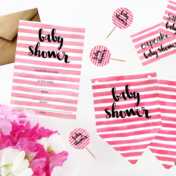 Baby Shower Party Pack Printable in Pink Stripes - Party Decorations - Party Bunting - Gender Reveal - Cake Toppers - Pink Decorations