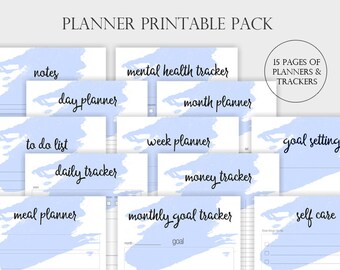 Planner printable in blue, with daily trackers, goal setting, vision board, self care, gratitude page, money tracker and more.