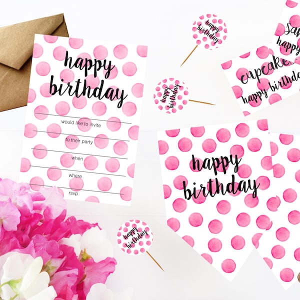 Birthday Party Pack Printable with Polka Dots - Party Decorations - Birthday Bunting - Birthday Invitation - Cake Toppers - Virtual Party