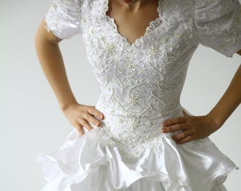 Vintage corset bodice cinderella gown wedding dress / 1980s satin beaded bridal dress