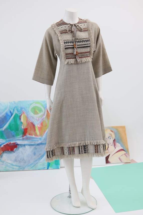 Arola vintage hand loomed wool dress / retro beig… - image 1