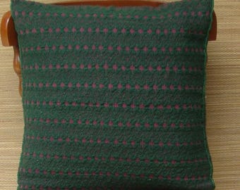 Mexican Handwoven Green Cushion Cover Sham Woolen Cotton Mayan Mexican Chiapas