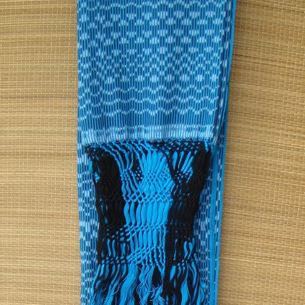 Mexican Rebozo Shawl with Black Fringes Embroidered with Pure Cotton from Tenancingo Color: Turquoise