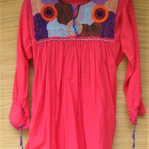 Mexican Blouse Huipil Red Multicolor Embroidered Flowers X- Small