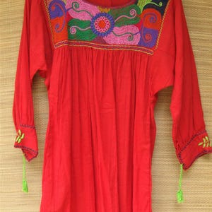 Mexican Blouse Huipil Red Multicolor Embroidered Flowers X- Small/Small