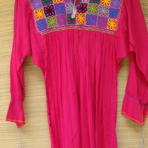 Red Mexican Blouse Huipil Multicolor Embroidered Flowers Small