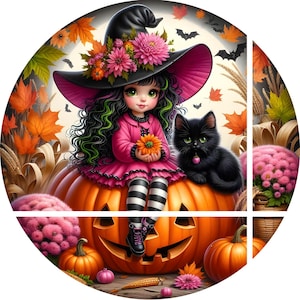 october witch round metal wreath sign, whimsical witch Halloween wreath sign, center, attachment