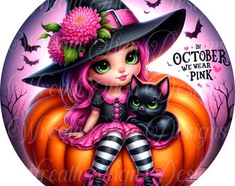 May include: A pink and black witch with a black cat sitting on a large orange pumpkin. The witch is wearing a black hat with a pink ribbon and a pink and black dress. The text "In October We Wear Pink" is written in pink on a white background.