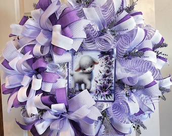Easter Deco Mesh Wreath with Lamb Sign