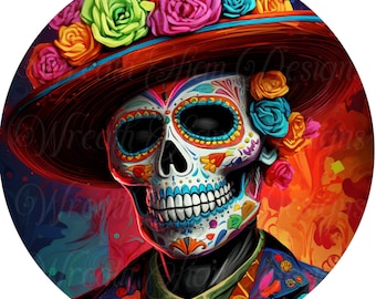 Sugar Skull Wreath Sign, Day of The Dead, Round Sublimation Art