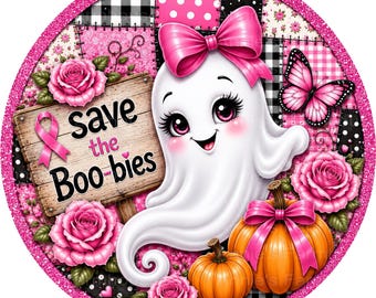 Halloween Ghost & Pumpkins Wreath Sign: Breast Cancer Awareness Ribbon