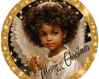 May include: A round Christmas ornament with a gold glitter background and a black border. The ornament features a young girl with dark brown curly hair, wearing a white dress and angel wings. She is holding a gold ribbon and looking down. The text "Merry Christmas" is written in black cursive on the ornament.