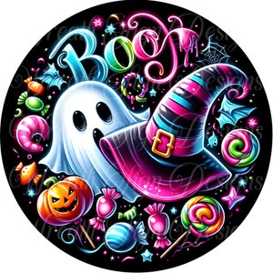 round metal wreath sign, Neon Ghost and pumpkin in witch hats Halloween sign, round metal wreath sign, wreath center
