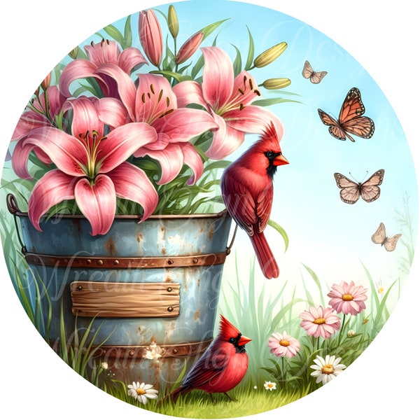 summer time cardinal wreath sign, round metal sign, lillies and daisies, butterfly, wreath center, wreath attachment, plaque