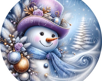 May include: A whimsical snowman illustration in a circular frame. The snowman wears a purple top hat, a blue scarf, and has a carrot nose. It is decorated with ornaments and surrounded by a snowy, wintery background. The overall color palette is soft blues, purples, and golds.